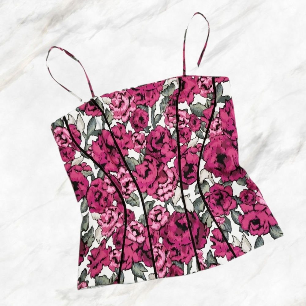 WHBM Black Pink & White Floral Print Bustier Top Sz 2 - Picture 4 of 13